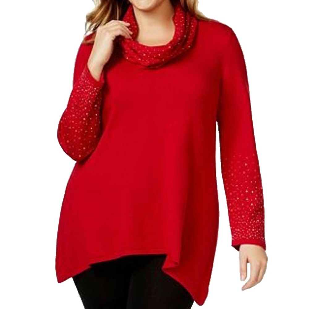 JM Collection Women's Plus 1X Red Studded Long Sleeve Sweater W/Removable Scarf